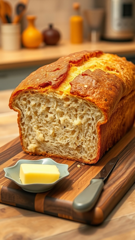 Freshly baked golden brown homemade bread on a cutting board with butter.